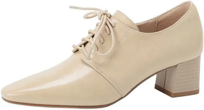 TinaCus Women's Genuine Leather Handmade Square Toe Low Heel Lace Up Oxford Pumps Shoes
