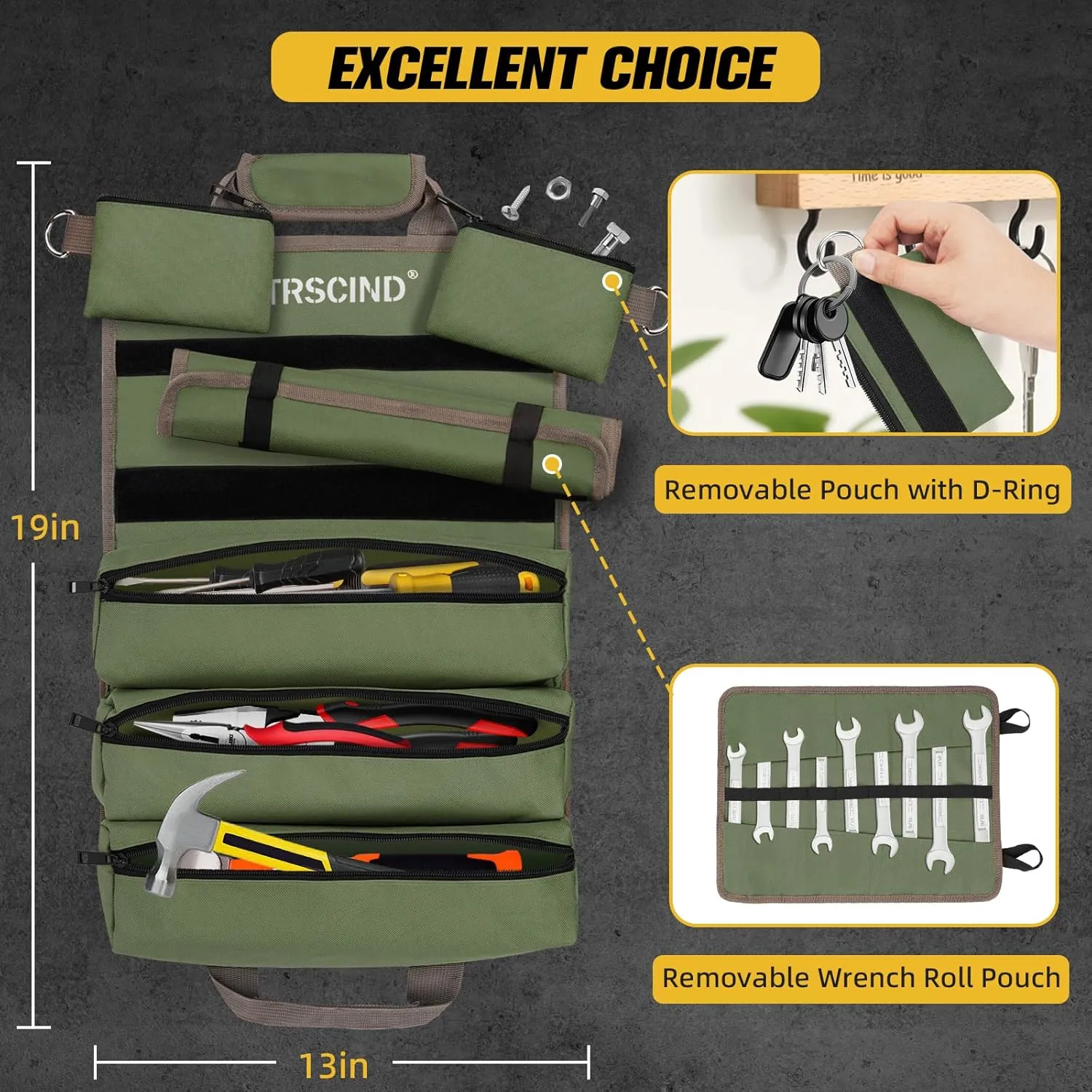 Tool Bag, Roll Up Bag, Tool Organizer with Detachable Pouches and Wrench Roll, Heavy Duty Tool Pouch, Gifts for Men Dad Fathers Day, Portable Tool Box for Motorcycle, Car, Electrician, Mechanic（Green）
