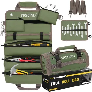 Tool Bag, Roll Up Bag, Tool Organizer with Detachable Pouches and Wrench Roll, Heavy Duty Tool Pouch, Gifts for Men Dad Fathers Day, Portable Tool Box for Motorcycle, Car, Electrician, Mechanic（Green）