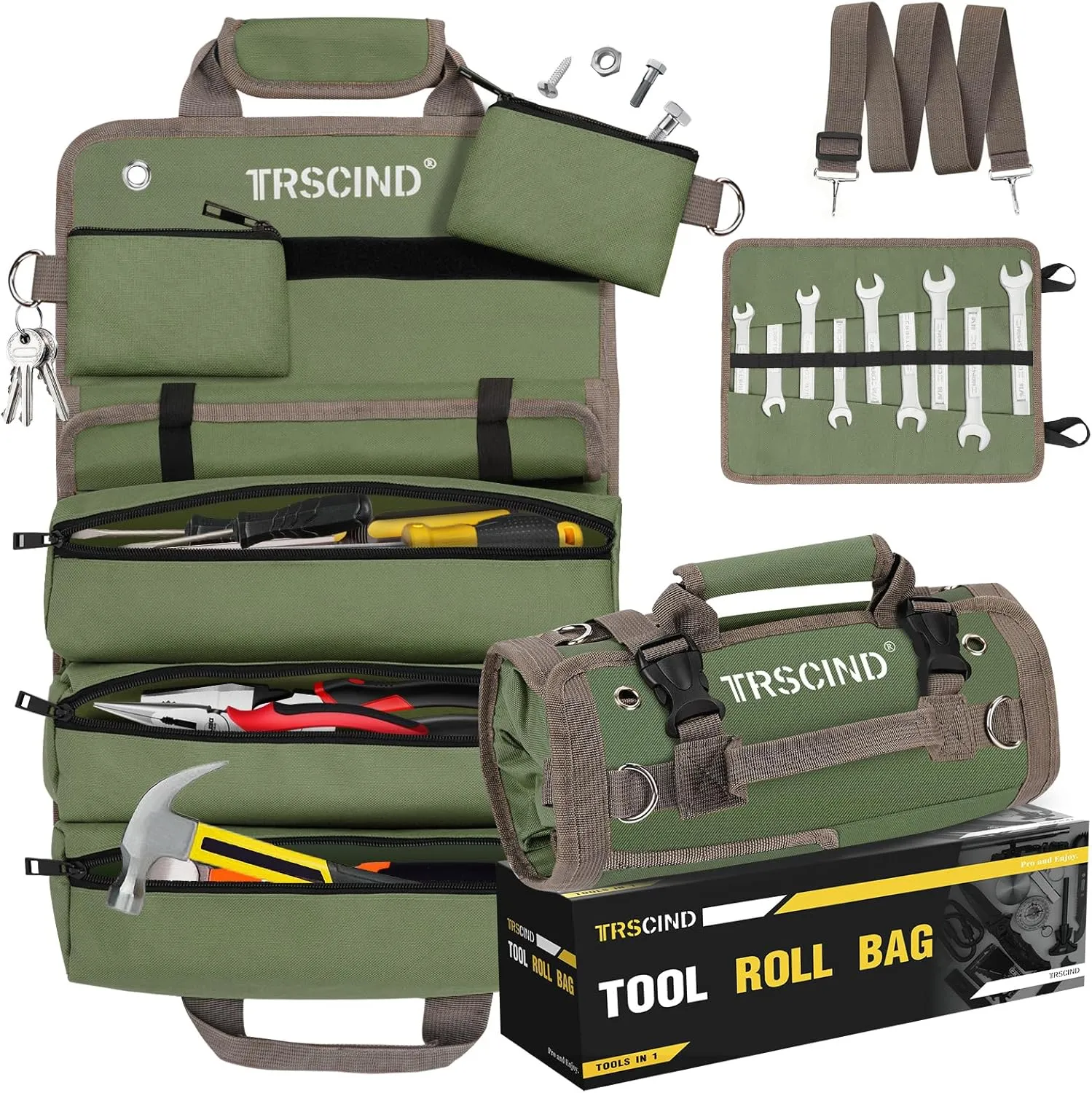 Tool Bag, Roll Up Bag, Tool Organizer with Detachable Pouches and Wrench Roll, Heavy Duty Tool Pouch, Gifts for Men Dad Fathers Day, Portable Tool Box for Motorcycle, Car, Electrician, Mechanic（Green）