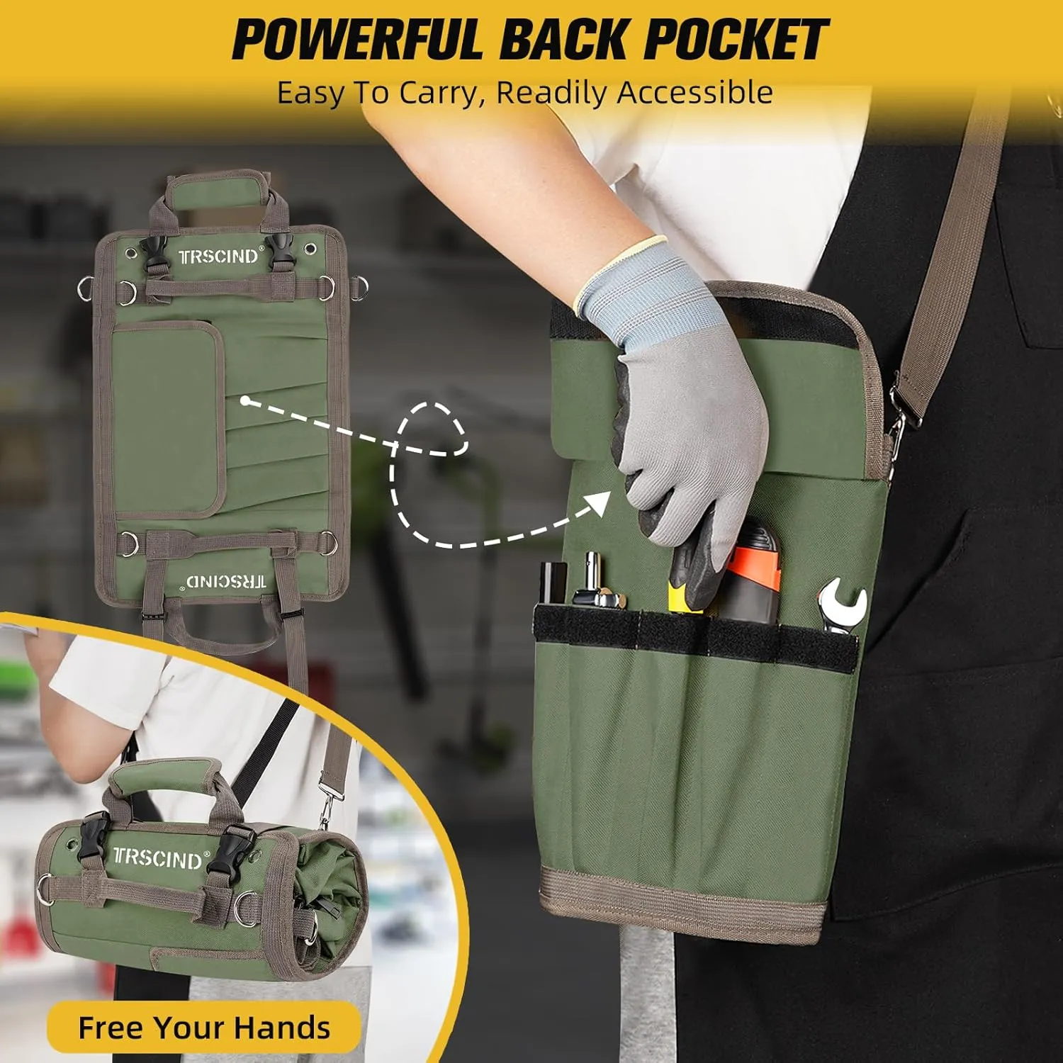 Tool Bag, Roll Up Bag, Tool Organizer with Detachable Pouches and Wrench Roll, Heavy Duty Tool Pouch, Gifts for Men Dad Fathers Day, Portable Tool Box for Motorcycle, Car, Electrician, Mechanic（Green）
