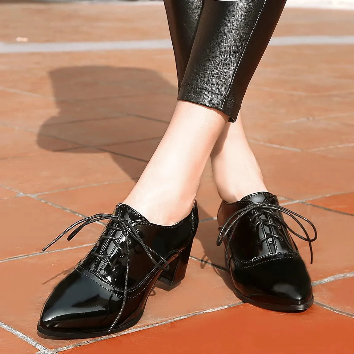 Trendenzy Women's Lace Up Oxford Heels Vintage Shoes Pointed Toe Chunky Block Heel Pumps