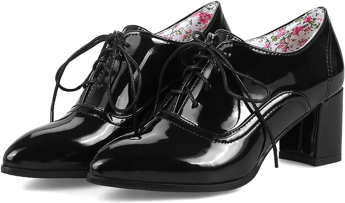 Trendenzy Women's Lace Up Oxford Heels Vintage Shoes Pointed Toe Chunky Block Heel Pumps