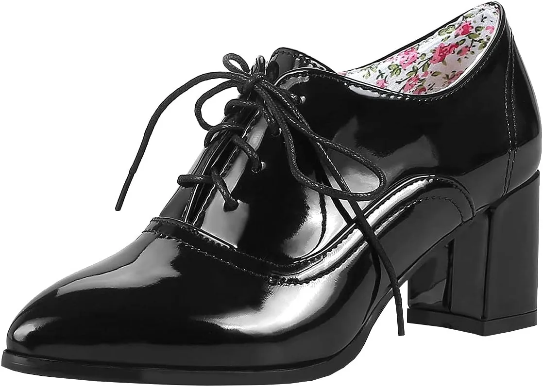 Trendenzy Women's Lace Up Oxford Heels Vintage Shoes Pointed Toe Chunky Block Heel Pumps