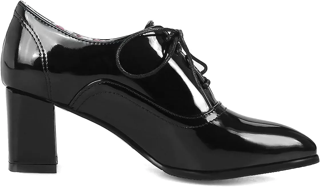 Trendenzy Women's Lace Up Oxford Heels Vintage Shoes Pointed Toe Chunky Block Heel Pumps
