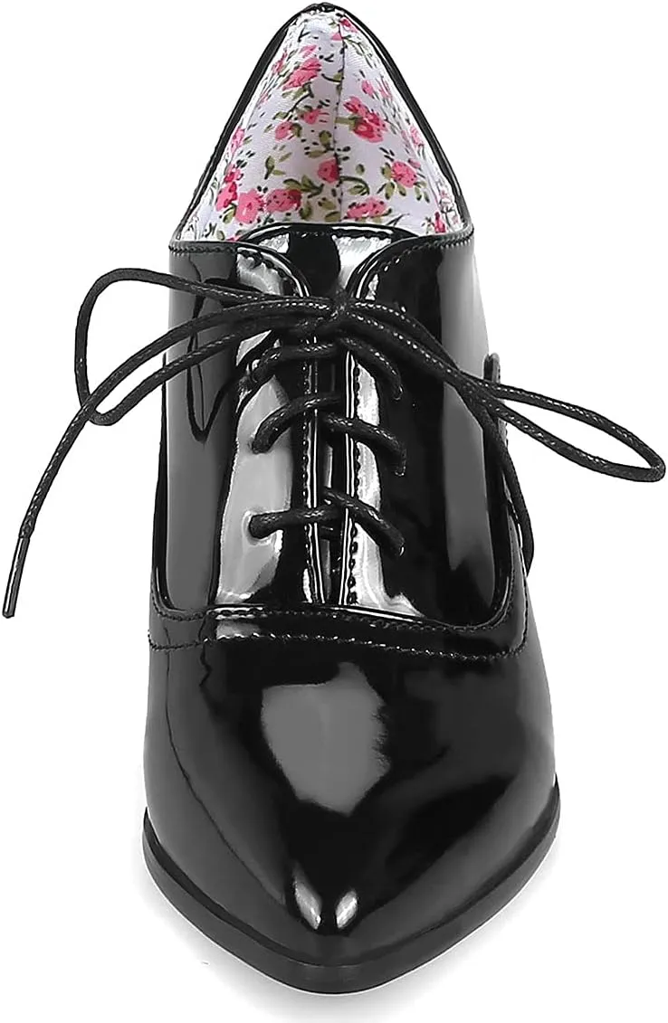 Trendenzy Women's Lace Up Oxford Heels Vintage Shoes Pointed Toe Chunky Block Heel Pumps