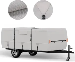 True 900D Oxford Tearproof Anti-Scratch Pop Up Camper Tent Trailer Cover 100% Waterproof Anti-UV Folding Camping Trailer RV Cover with 7 PCS Reinforced Windproof Straps for Motorhome (Gray, 8'-10')