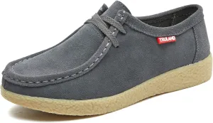 TRULAND Leather Oxford Shoes for Women - Suede Lace Up Moc Toe Low Platform Flat Wallabees Shoes