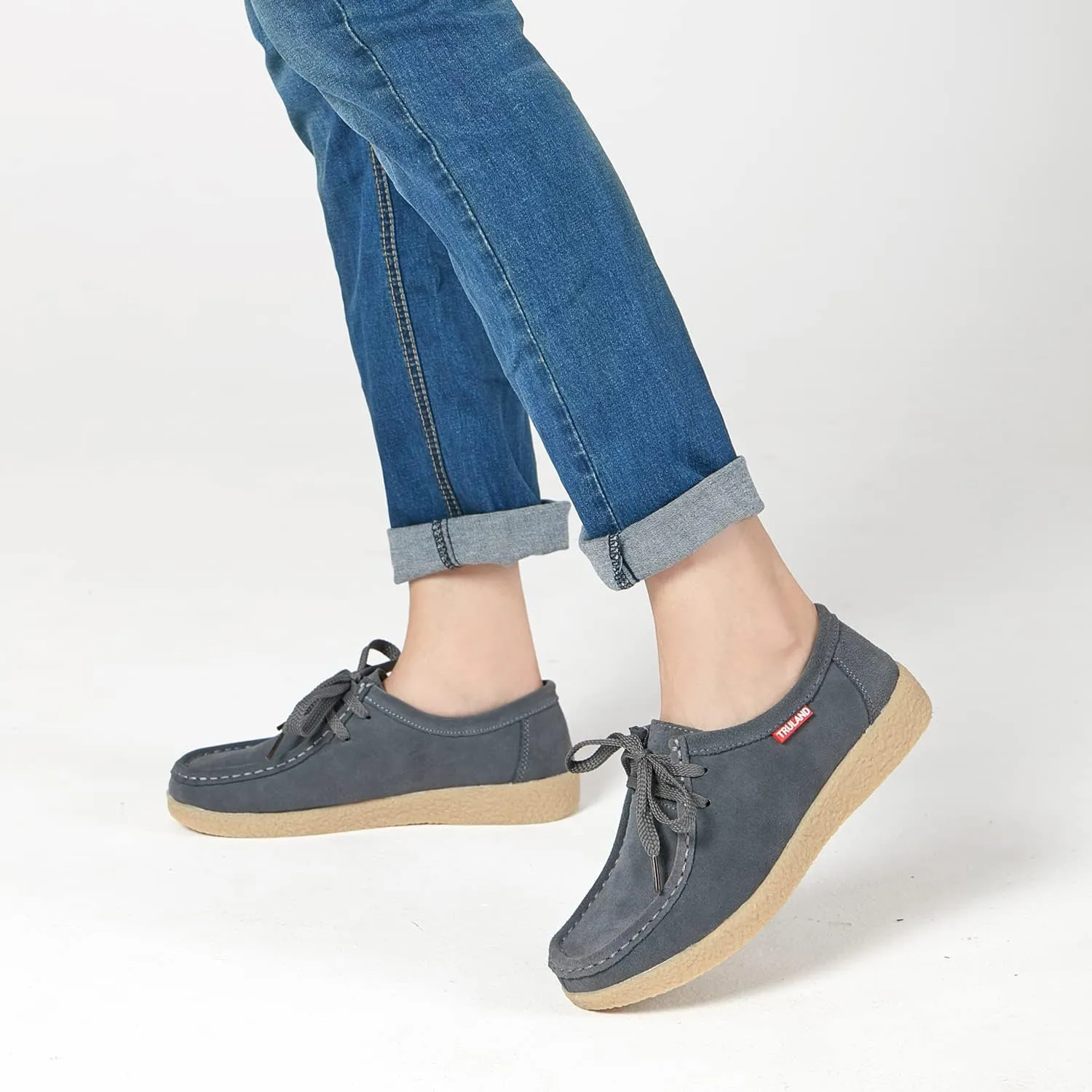 TRULAND Leather Oxford Shoes for Women - Suede Lace Up Moc Toe Low Platform Flat Wallabees Shoes