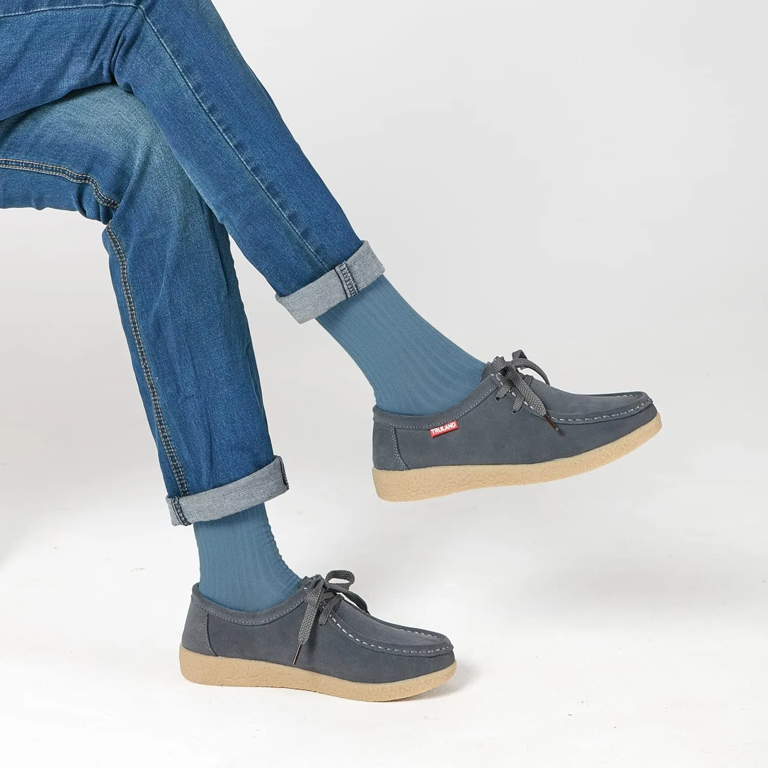 TRULAND Leather Oxford Shoes for Women - Suede Lace Up Moc Toe Low Platform Flat Wallabees Shoes