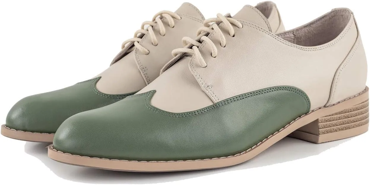 U-lite Womens Pointed-Toe Wintip Brouge Oxford Shoes Open-Vamp Vintage Shoes Green and Brown