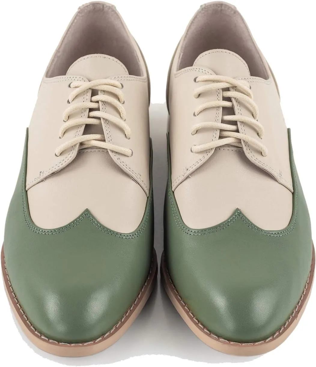 U-lite Womens Pointed-Toe Wintip Brouge Oxford Shoes Open-Vamp Vintage Shoes Green and Brown
