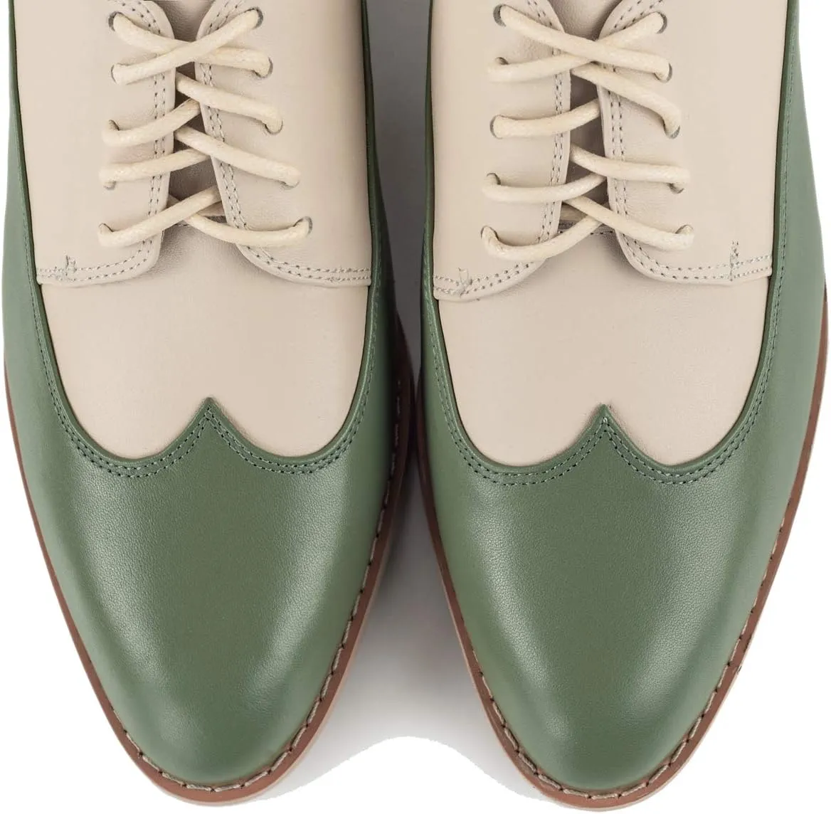U-lite Womens Pointed-Toe Wintip Brouge Oxford Shoes Open-Vamp Vintage Shoes Green and Brown