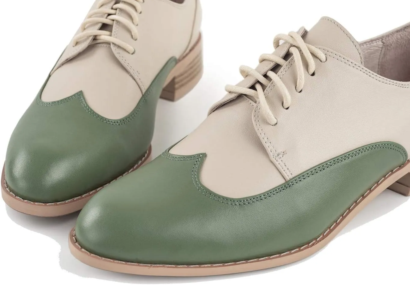 U-lite Womens Pointed-Toe Wintip Brouge Oxford Shoes Open-Vamp Vintage Shoes Green and Brown