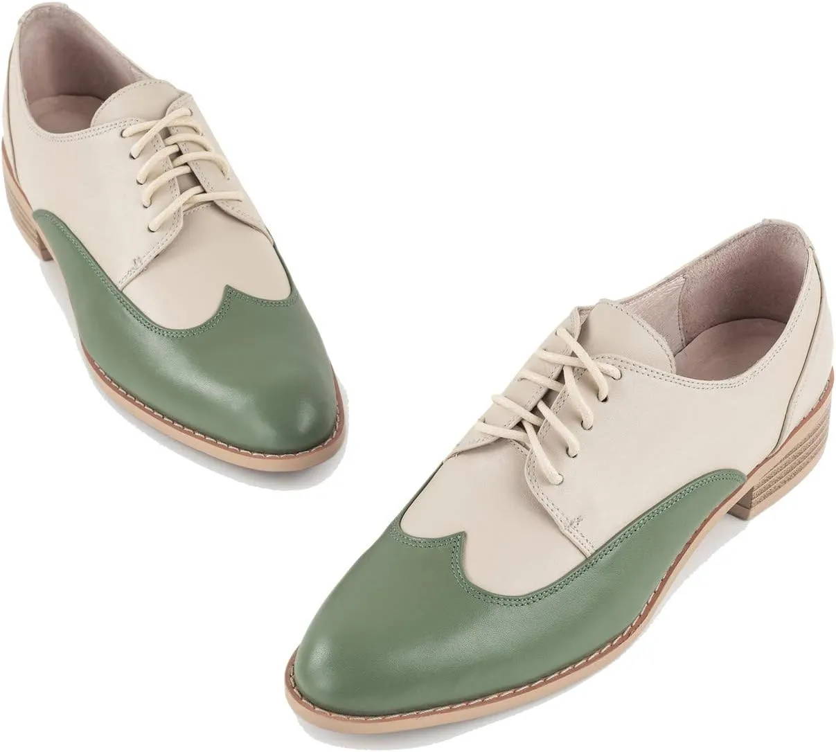 U-lite Womens Pointed-Toe Wintip Brouge Oxford Shoes Open-Vamp Vintage Shoes Green and Brown