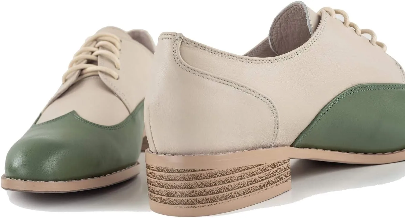 U-lite Womens Pointed-Toe Wintip Brouge Oxford Shoes Open-Vamp Vintage Shoes Green and Brown