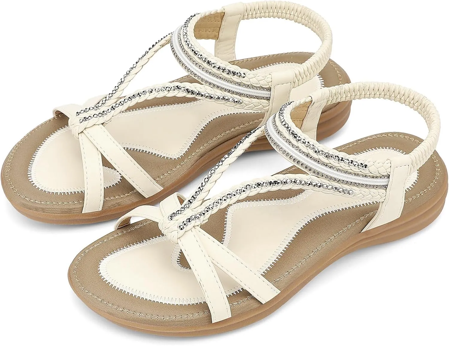 UBFEN Womens Bohemian Flat Sandals With Back Strap Summer Beach Comfortable Bling