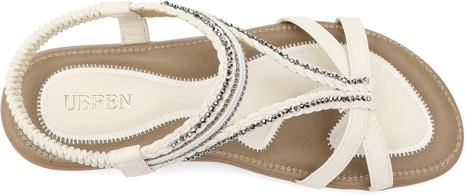 UBFEN Womens Bohemian Flat Sandals With Back Strap Summer Beach Comfortable Bling