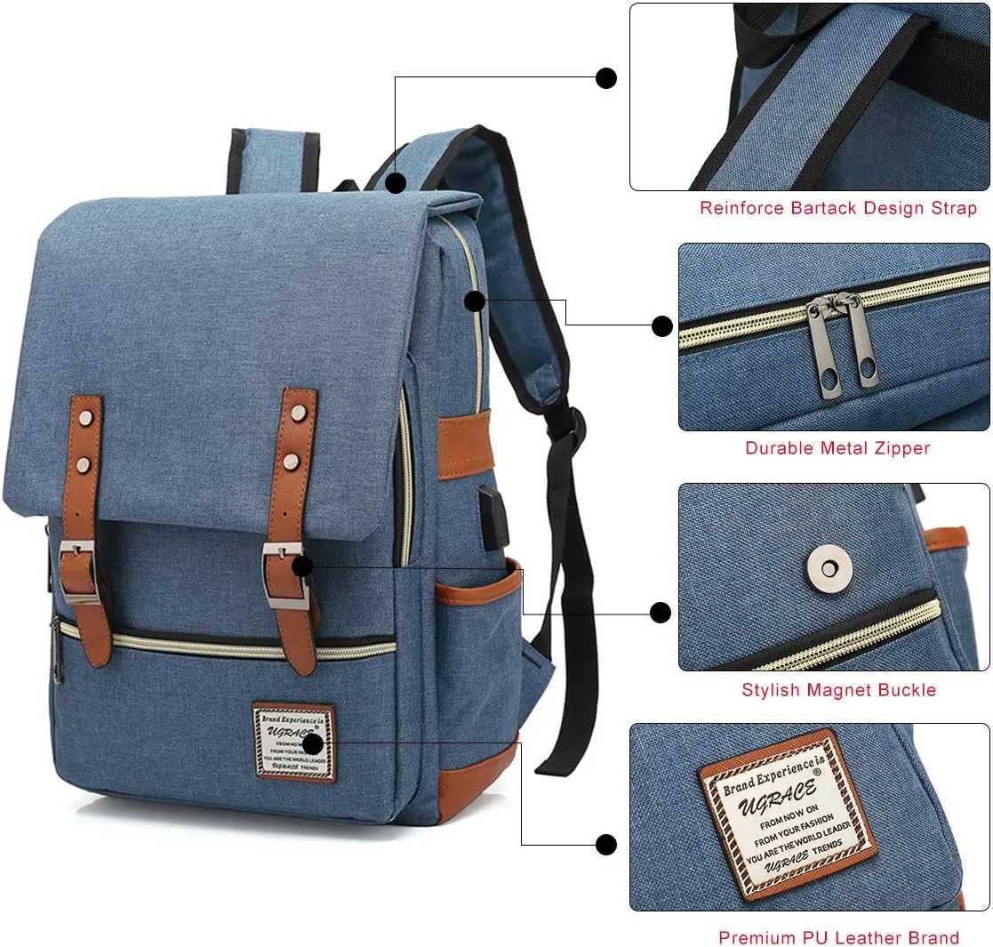 UGRACE Vintage Laptop Backpack with USB Charging Port, Elegant Water Resistant Travelling Backpack Casual Daypacks College Shoulder Bag for Men Women, Fits up to 15.6Inch Laptop in Blue