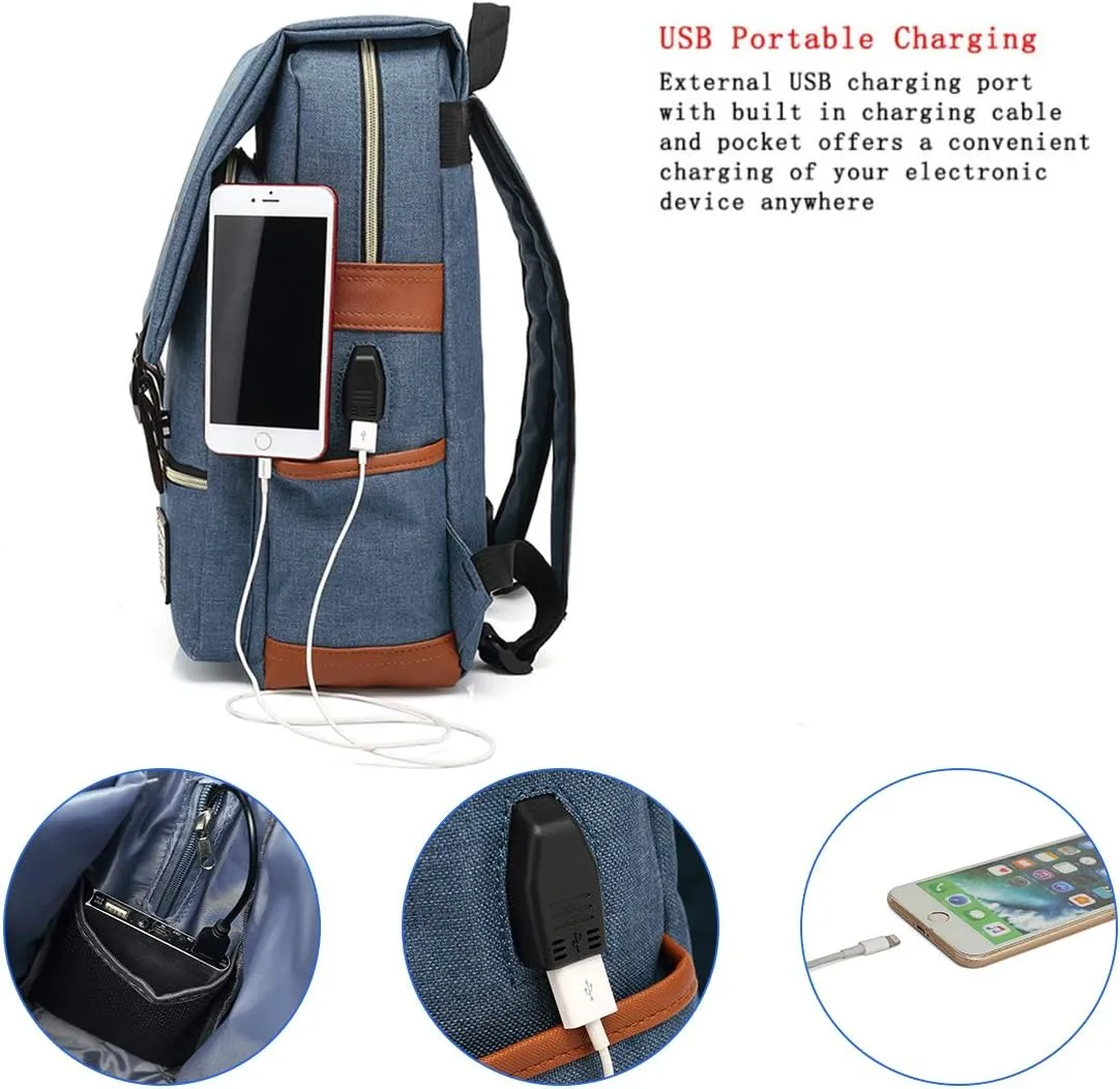 UGRACE Vintage Laptop Backpack with USB Charging Port, Elegant Water Resistant Travelling Backpack Casual Daypacks College Shoulder Bag for Men Women, Fits up to 15.6Inch Laptop in Blue