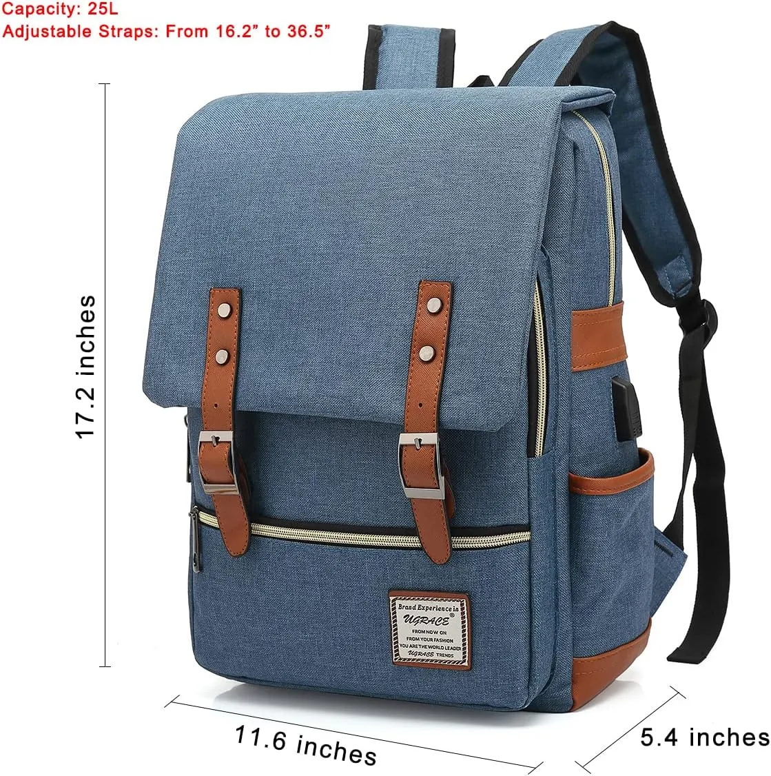 UGRACE Vintage Laptop Backpack with USB Charging Port, Elegant Water Resistant Travelling Backpack Casual Daypacks College Shoulder Bag for Men Women, Fits up to 15.6Inch Laptop in Blue