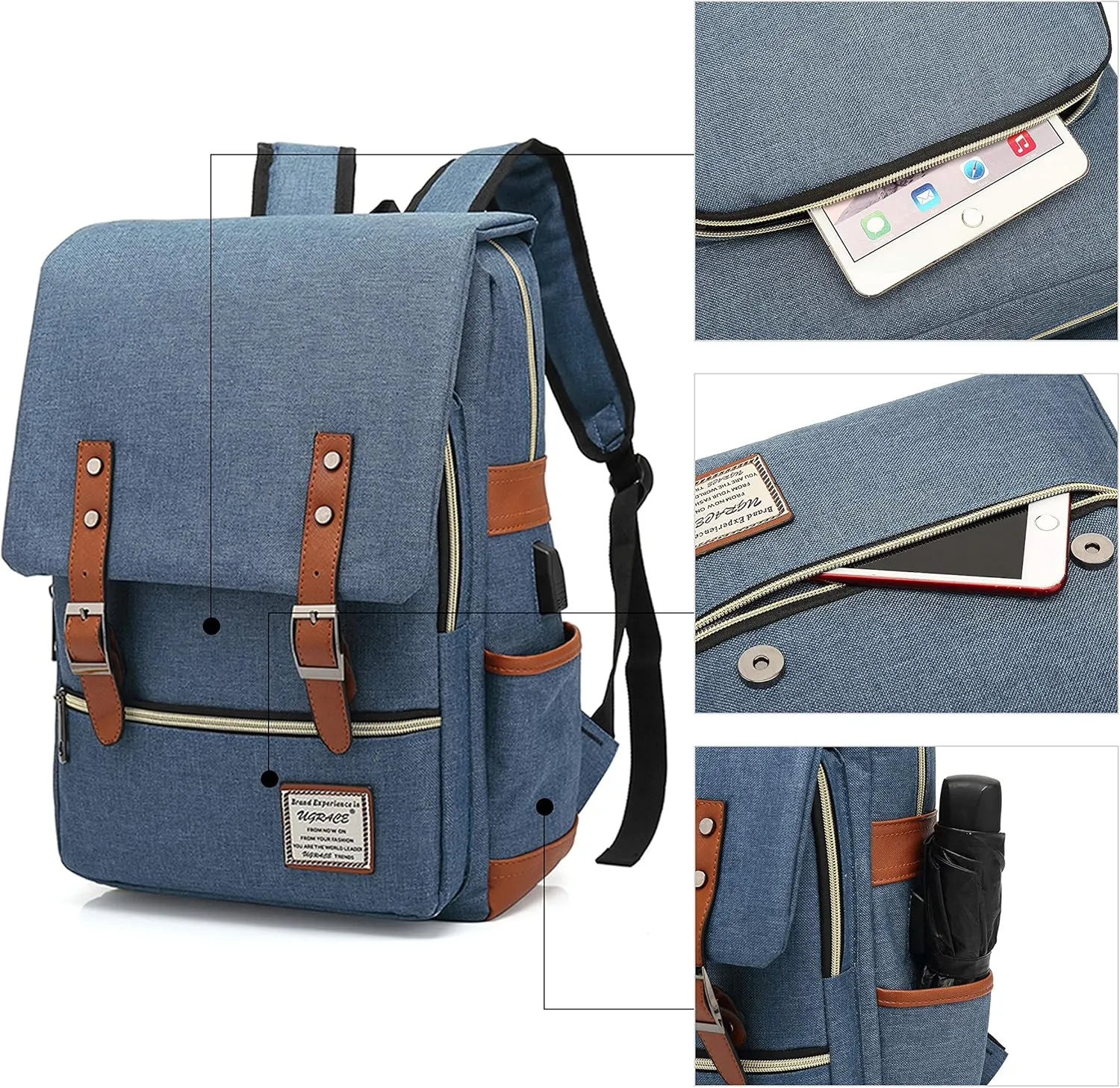UGRACE Vintage Laptop Backpack with USB Charging Port, Elegant Water Resistant Travelling Backpack Casual Daypacks College Shoulder Bag for Men Women, Fits up to 15.6Inch Laptop in Blue