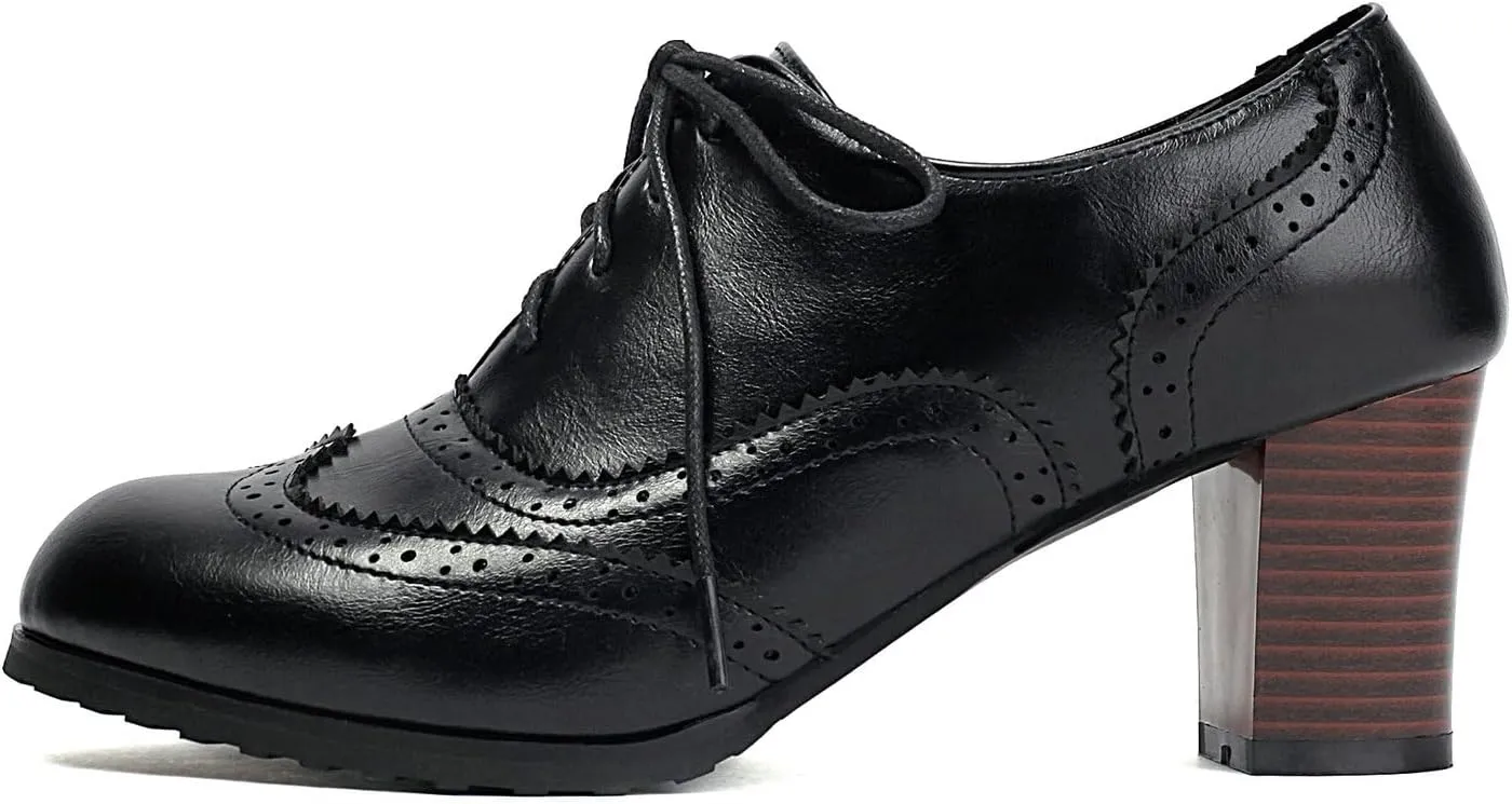 Uniquelly Women's Lace up Oxfords Vintage Brogues Shoes Round Toe Stacked Heel Wingtip Oxford Shoes Chunky Block Heels Retro Saddle Shoes Pumps