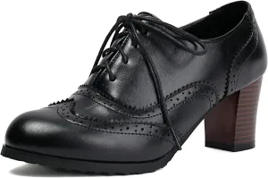 Uniquelly Women's Lace up Oxfords Vintage Brogues Shoes Round Toe Stacked Heel Wingtip Oxford Shoes Chunky Block Heels Retro Saddle Shoes Pumps