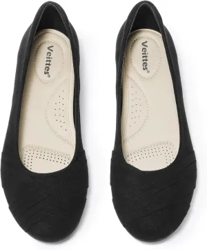 Veittes Women's Wide Width Flat Shoes, Comfortable Casual Round Toe Classy Design Ballet Flats.