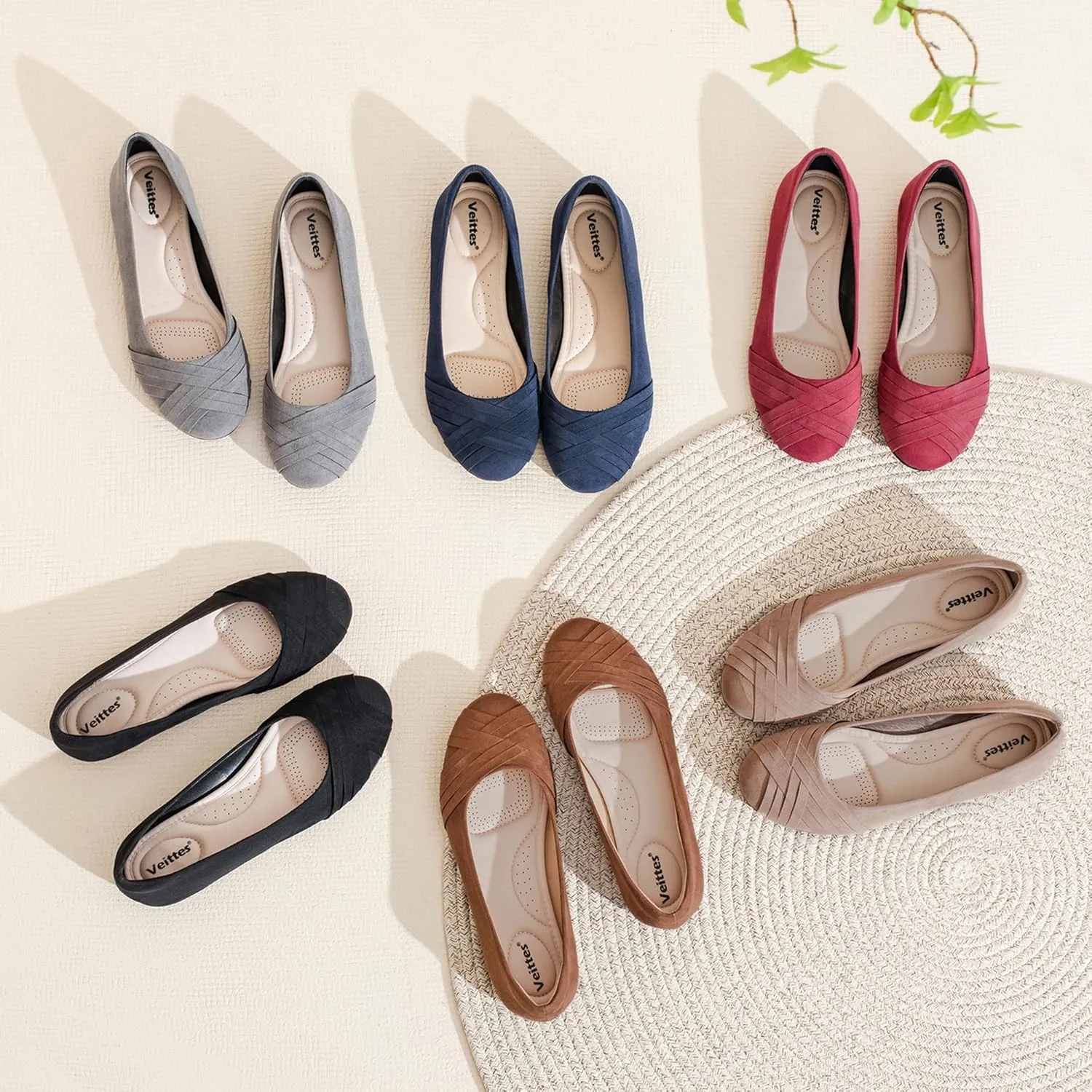 Veittes Women's Wide Width Flat Shoes, Comfortable Casual Round Toe Classy Design Ballet Flats.