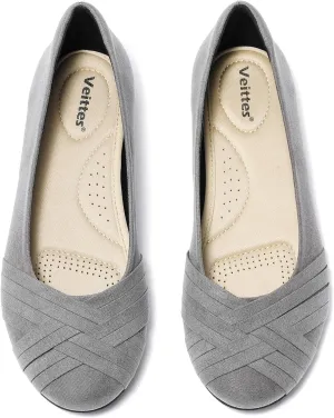 Veittes Women's Wide Width Flat Shoes, Comfortable Casual Round Toe Classy Design Ballet Flats.