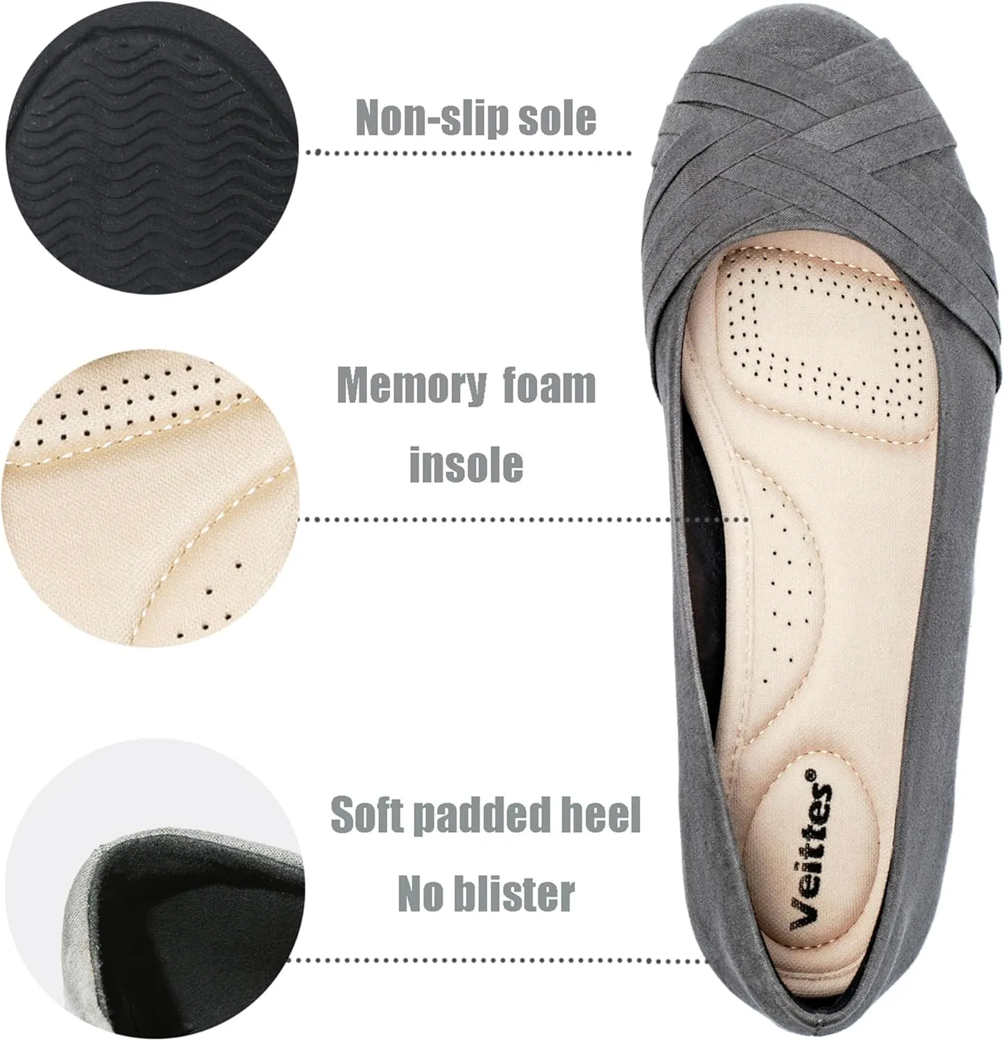 Veittes Women's Wide Width Flat Shoes, Comfortable Casual Round Toe Classy Design Ballet Flats.