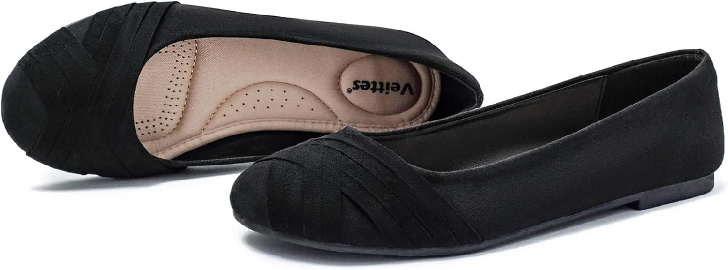 Veittes Women's Wide Width Flat Shoes, Comfortable Casual Round Toe Classy Design Ballet Flats.