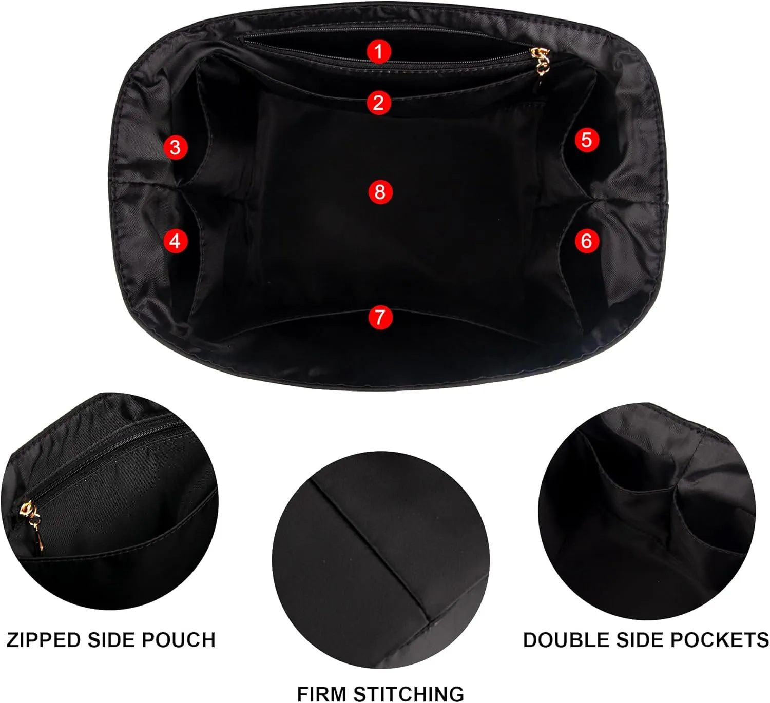 Vercord Handbag Purse Organizer Insert Tote Bag Shaper for Picotin 18/22 with Zipper Pocket Black Medium