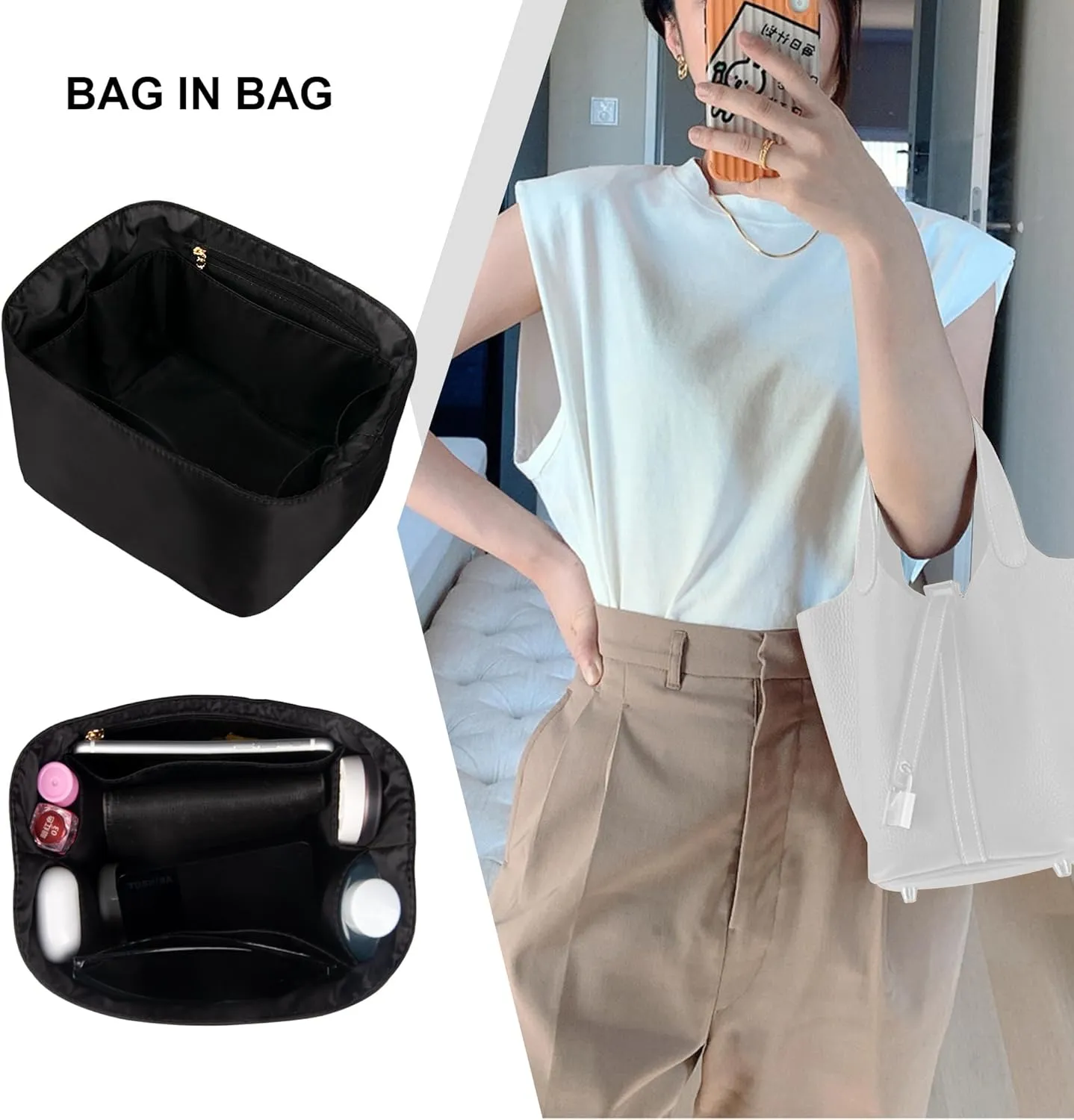 Vercord Handbag Purse Organizer Insert Tote Bag Shaper for Picotin 18/22 with Zipper Pocket Black Medium