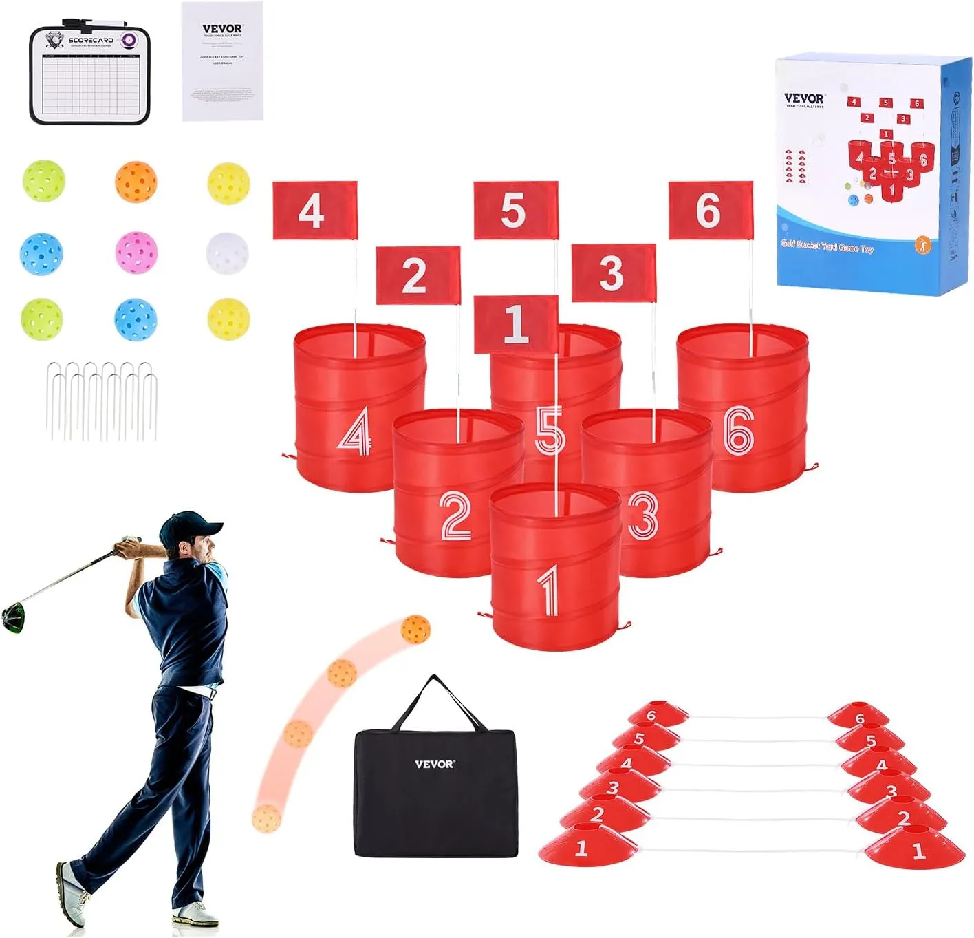 VEVOR Backyard Golf Game, 6 Hole Golf Course, Bucket Golf Game Practice Games, Golf Chipping Game for Family, Adults and Kids, Portable Outdoor Yard Golf Game for Lawn, Yard, Camping, Park, Beach