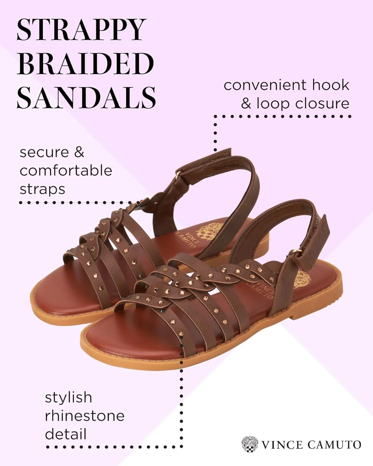 Vince Camuto Girls Sandals - Open Toe Braided Strap Dress Sandals with Rhinestones, Summer Shoes for Easter Travel & Parties