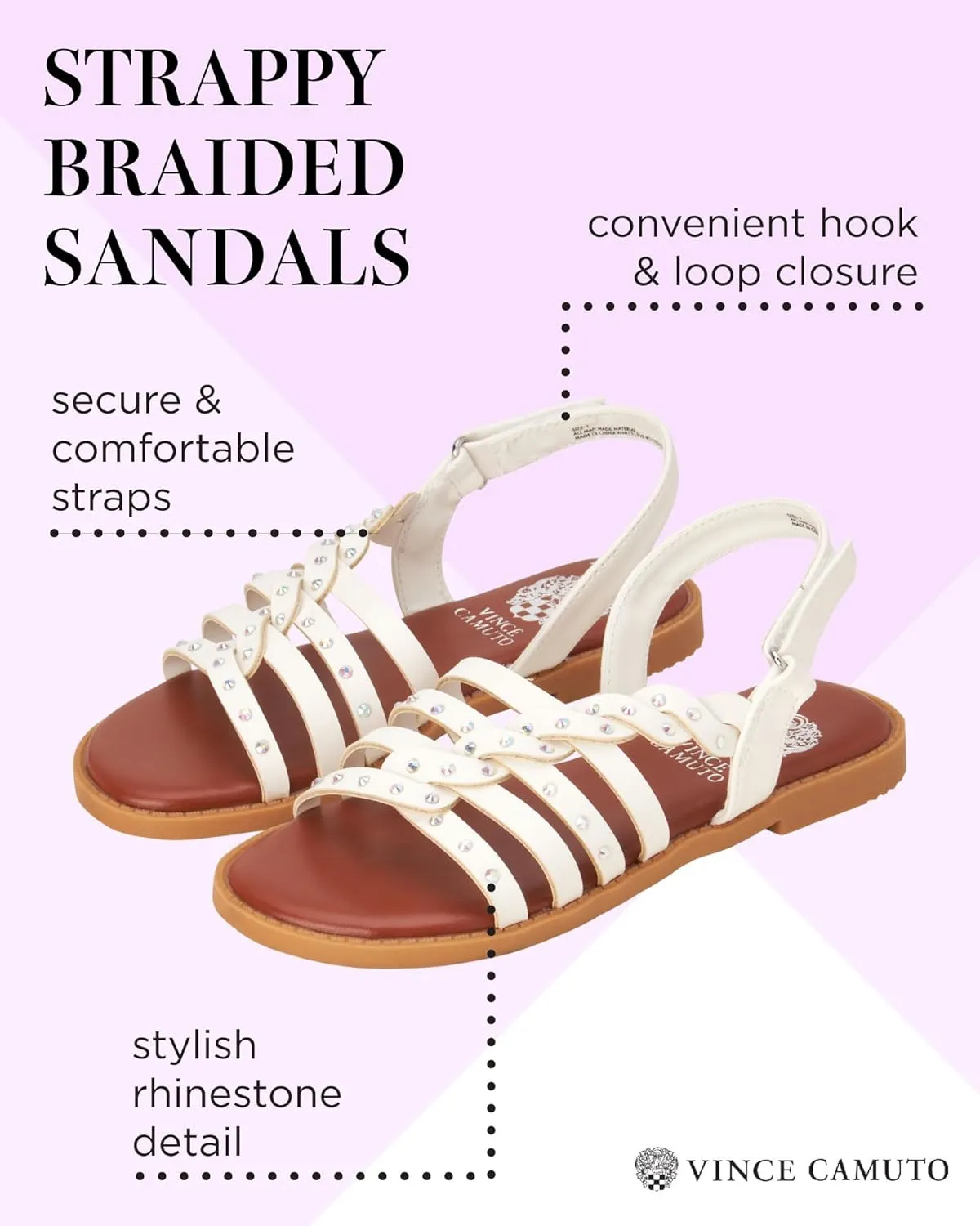 Vince Camuto Girls Sandals - Open Toe Braided Strap Dress Sandals with Rhinestones, Summer Shoes for Easter Travel & Parties