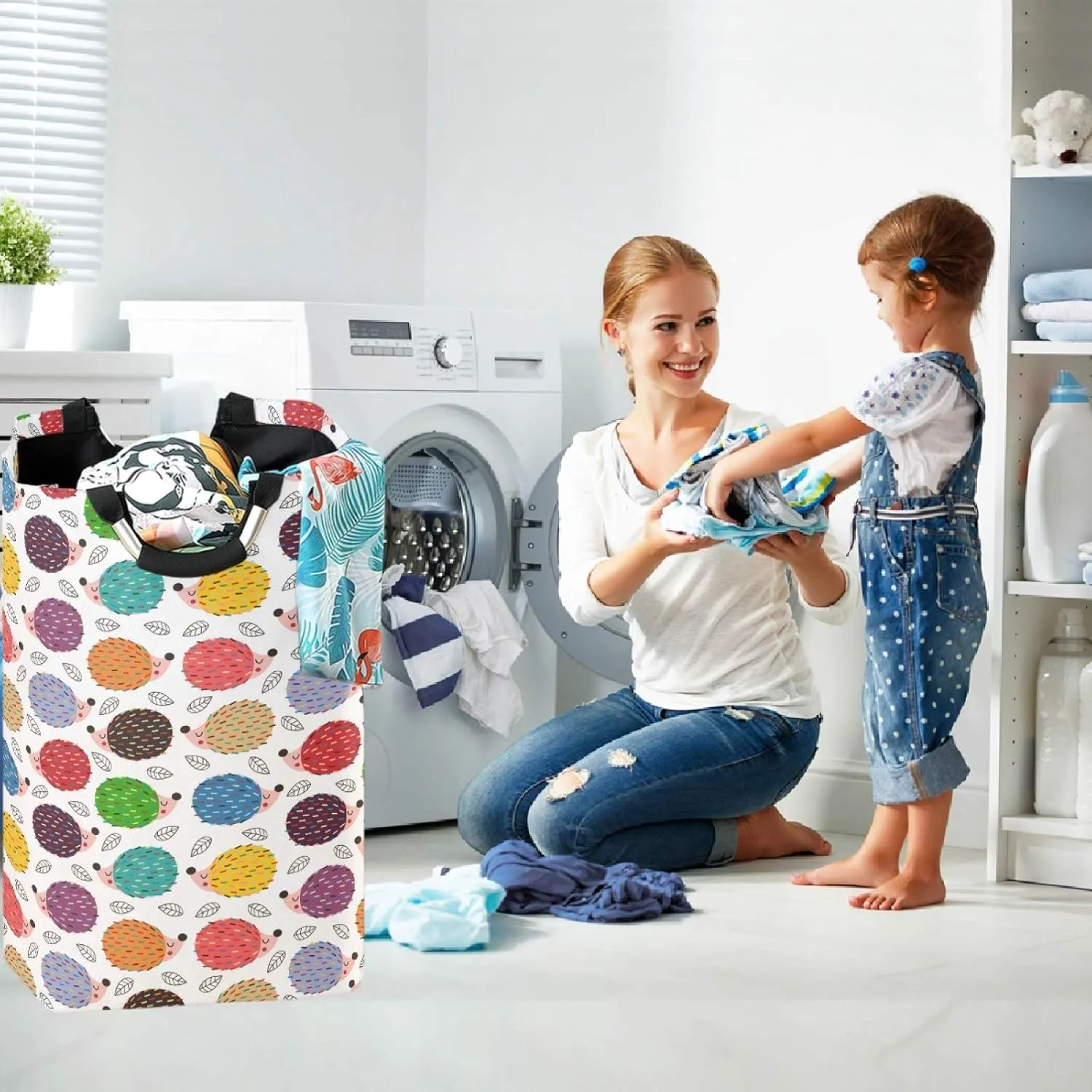 visesunny Colorful Hedgehog Cartoon Character Large Laundry Hamper with Handle Foldable Durable Clothes Hamper Laundry Bag Toy Bin for Bathroom, Bedroom, Dorm, Travel