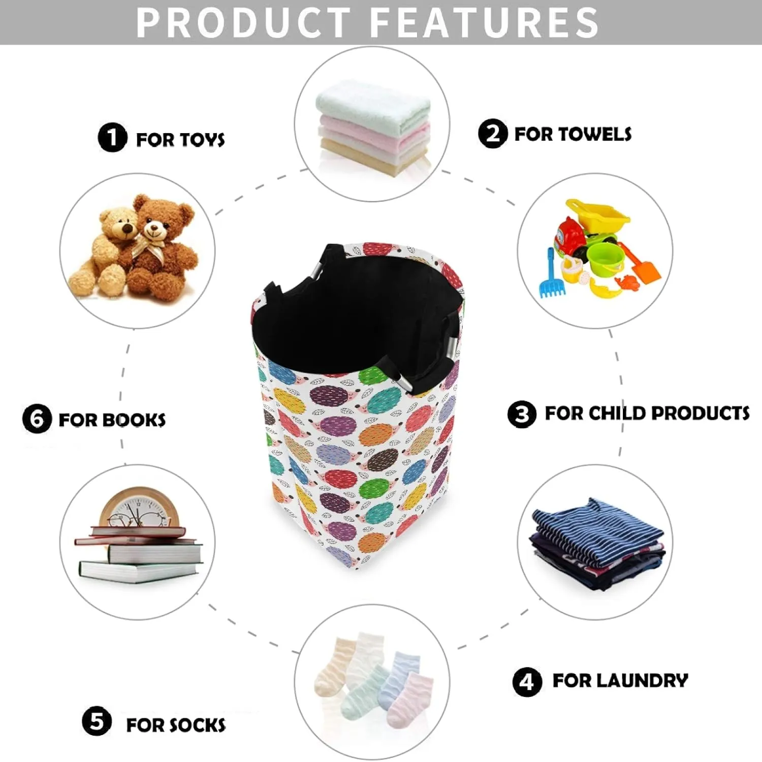 visesunny Colorful Hedgehog Cartoon Character Large Laundry Hamper with Handle Foldable Durable Clothes Hamper Laundry Bag Toy Bin for Bathroom, Bedroom, Dorm, Travel