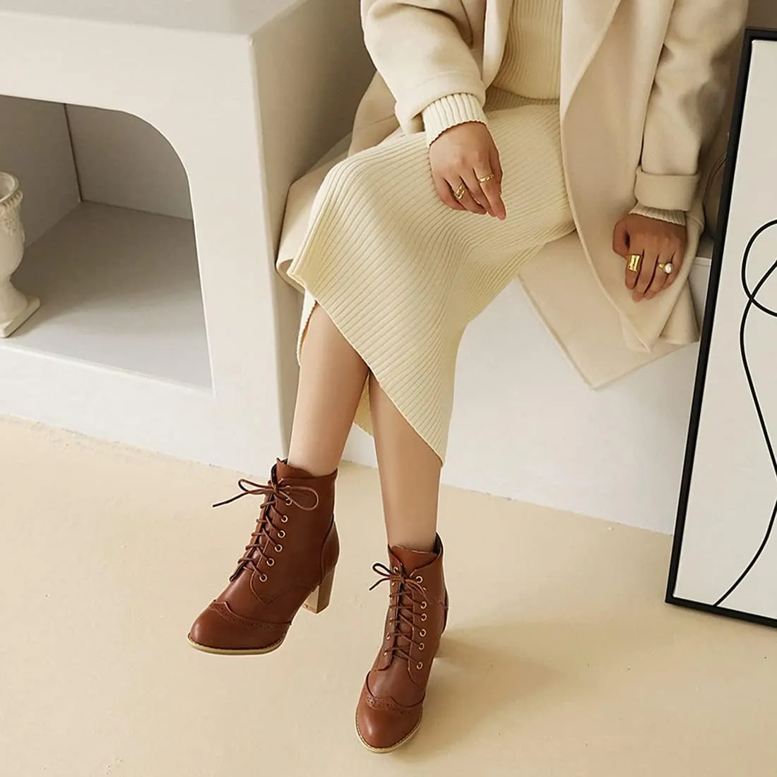 VOKLIN Women's Chunky Block Mid Heel Dressy Ankle Boots Round Toe Lace Up Western Oxford Dress Short Booties