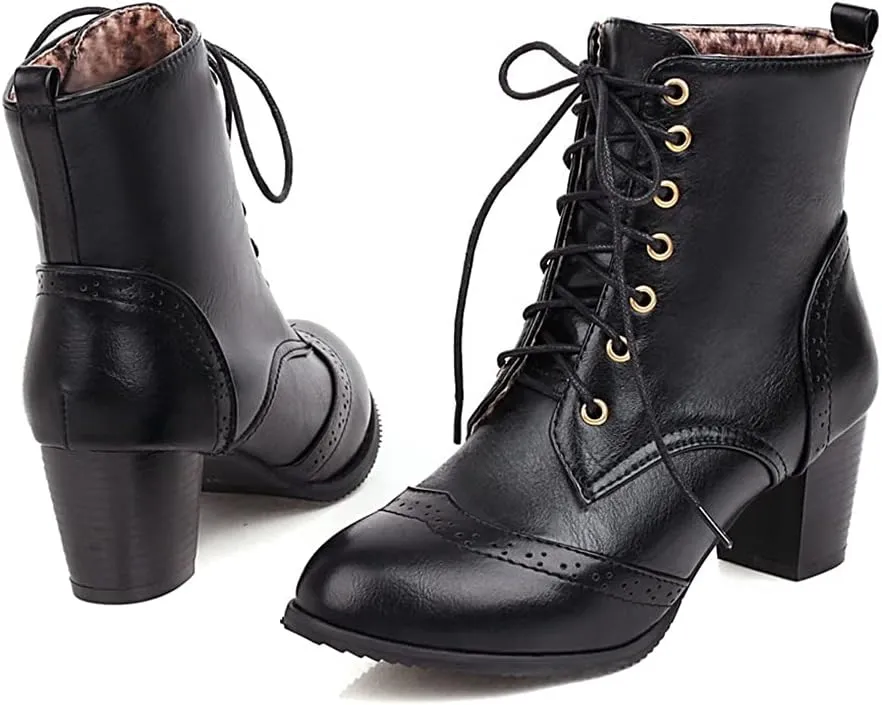 VOKLIN Women's Chunky Block Mid Heel Dressy Ankle Boots Round Toe Lace Up Western Oxford Dress Short Booties