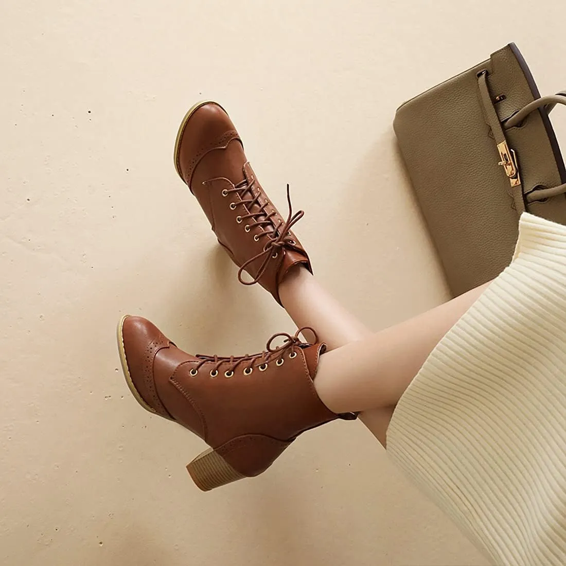VOKLIN Women's Chunky Block Mid Heel Dressy Ankle Boots Round Toe Lace Up Western Oxford Dress Short Booties