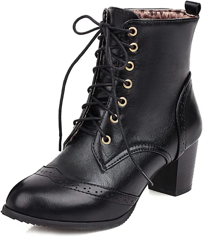 VOKLIN Women's Chunky Block Mid Heel Dressy Ankle Boots Round Toe Lace Up Western Oxford Dress Short Booties