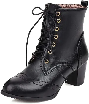 VOKLIN Women's Chunky Block Mid Heel Dressy Ankle Boots Round Toe Lace Up Western Oxford Dress Short Booties