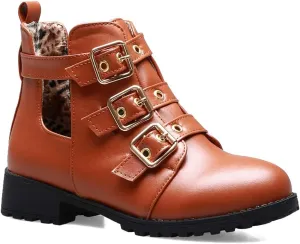 VOKLIN Women's Flat Round Toe Dressy Ankle Booties Fashion Buckle Strappy Zipper Low Heel Combat Short Boots