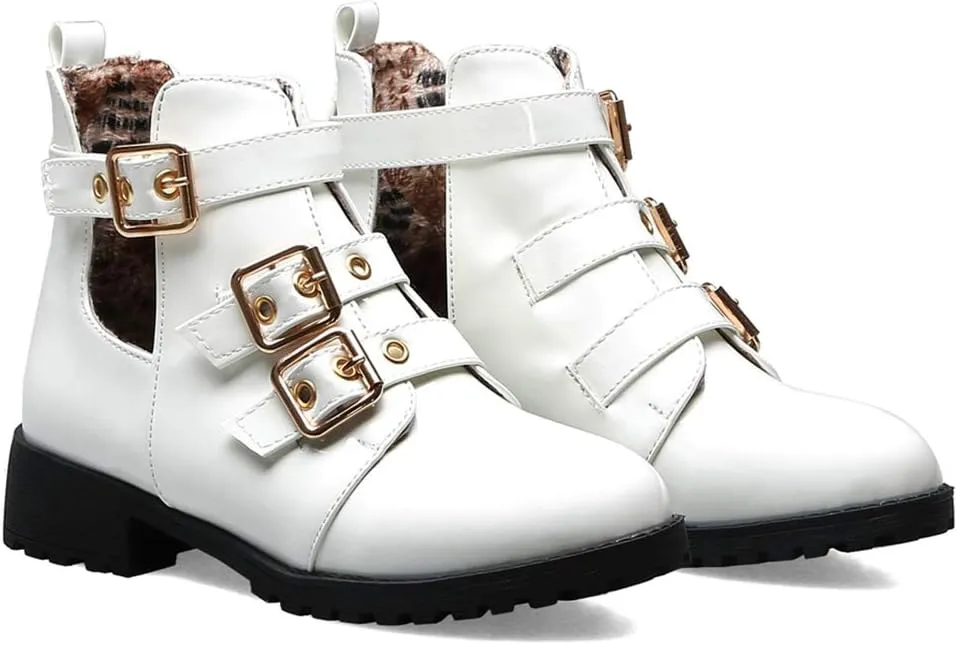 VOKLIN Women's Flat Round Toe Dressy Ankle Booties Fashion Buckle Strappy Zipper Low Heel Combat Short Boots
