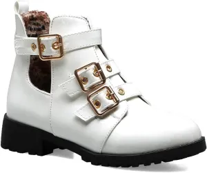 VOKLIN Women's Flat Round Toe Dressy Ankle Booties Fashion Buckle Strappy Zipper Low Heel Combat Short Boots
