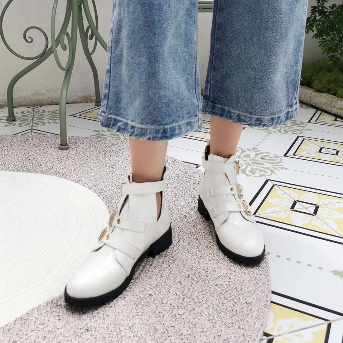 VOKLIN Women's Flat Round Toe Dressy Ankle Booties Fashion Buckle Strappy Zipper Low Heel Combat Short Boots