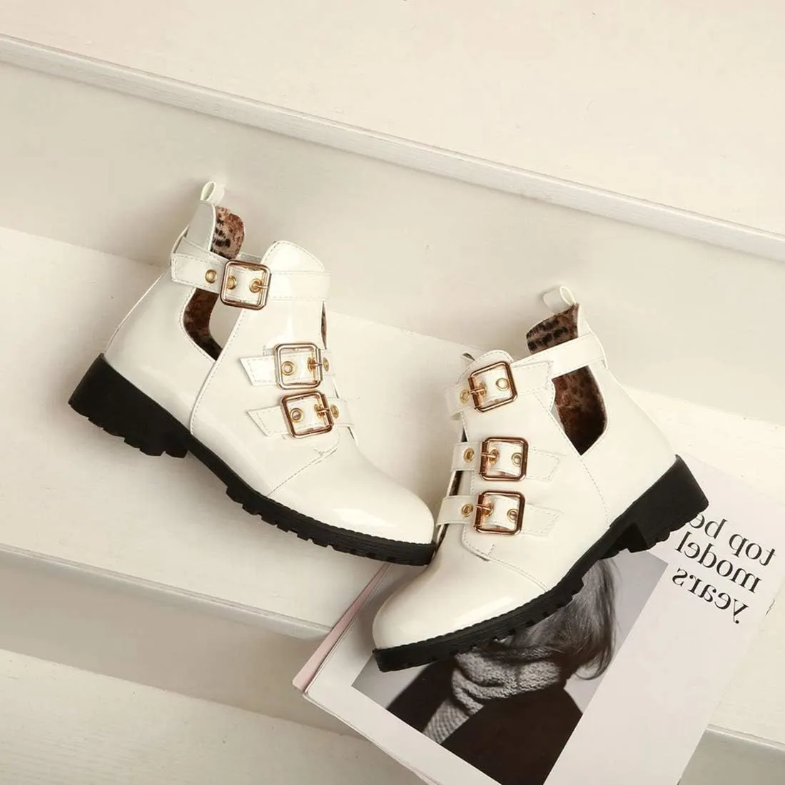 VOKLIN Women's Flat Round Toe Dressy Ankle Booties Fashion Buckle Strappy Zipper Low Heel Combat Short Boots